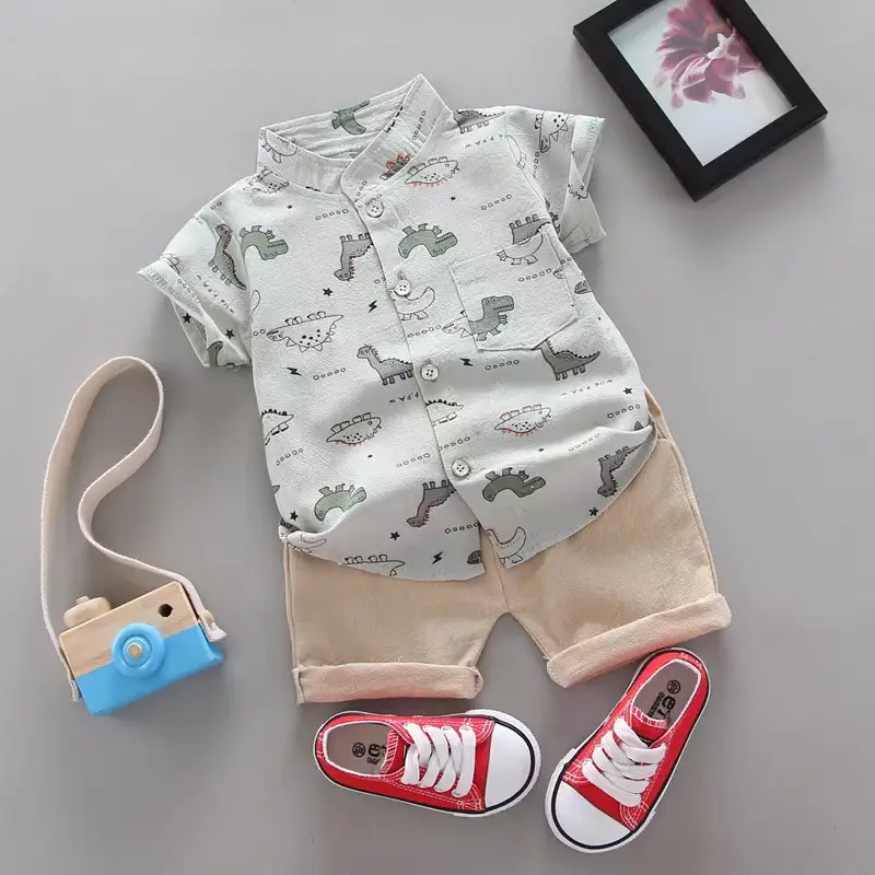 Kids Dinosaur Shirt Set Yellow Short Sleeve Two Piece - Image 3