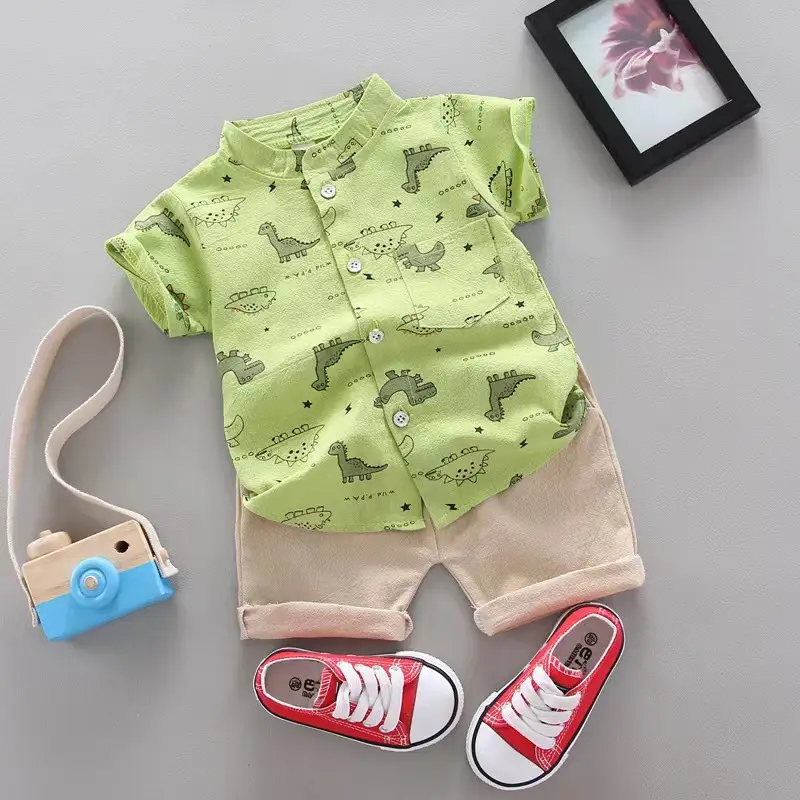 Kids Dinosaur Shirt Set Yellow Short Sleeve Two Piece - Image 2