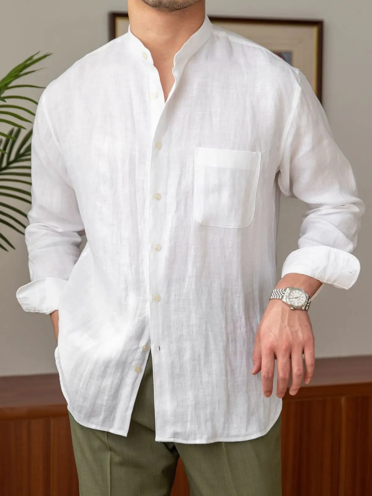 Men's White Linen Collar Shirt Long Sleeve