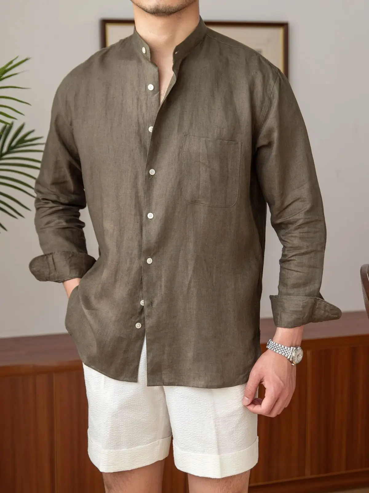 Men's White Linen Collar Shirt Long Sleeve