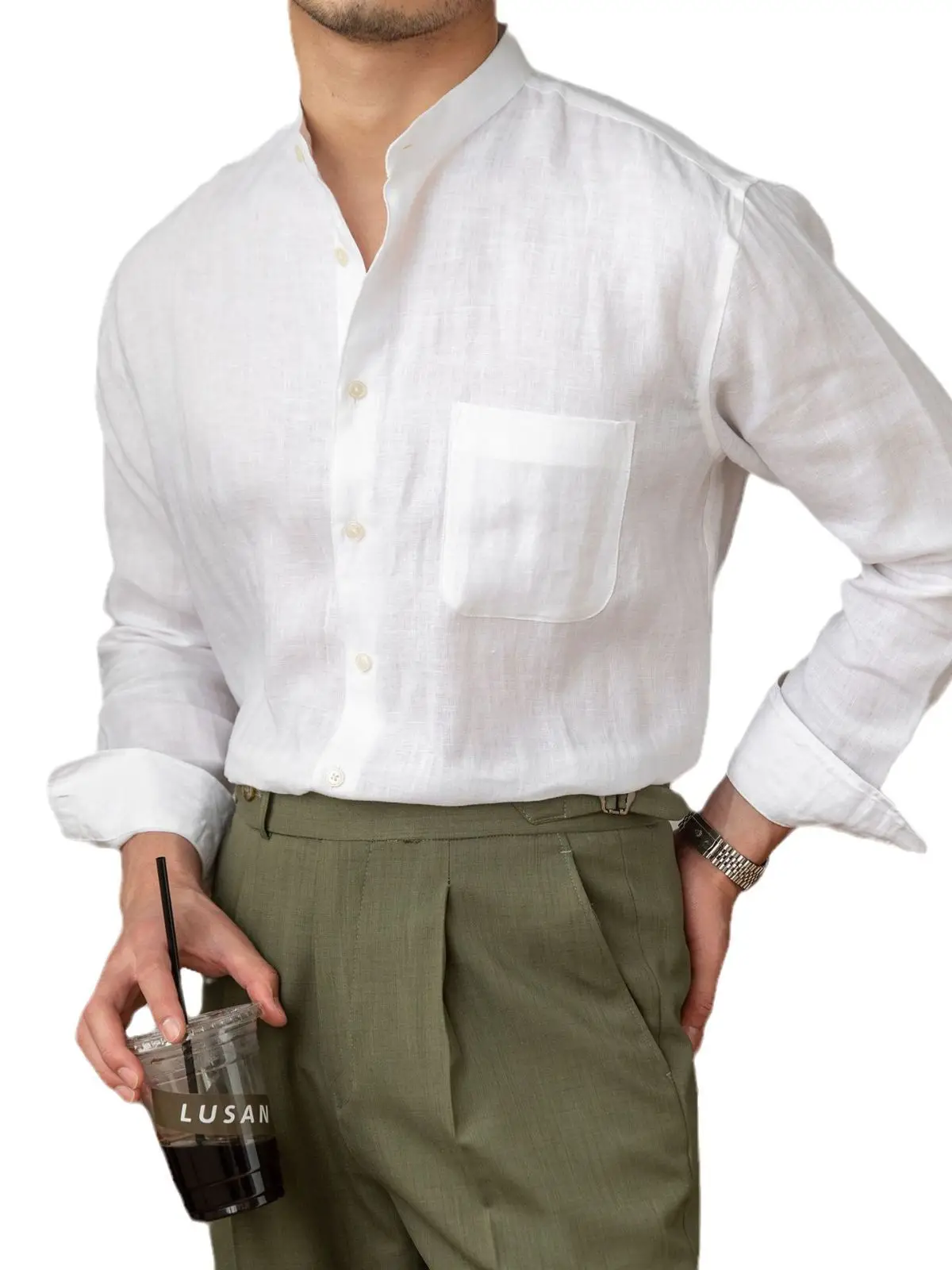 Men's White Linen Collar Shirt Long Sleeve