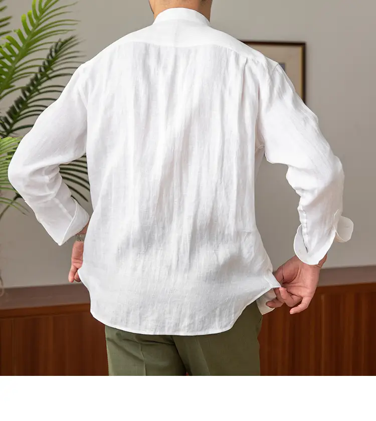 Men's White Linen Collar Shirt Long Sleeve — feature 10