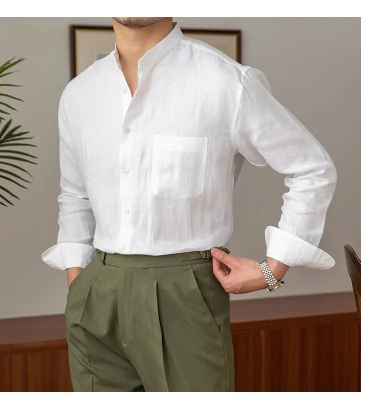 Men's White Linen Collar Shirt Long Sleeve — feature 11