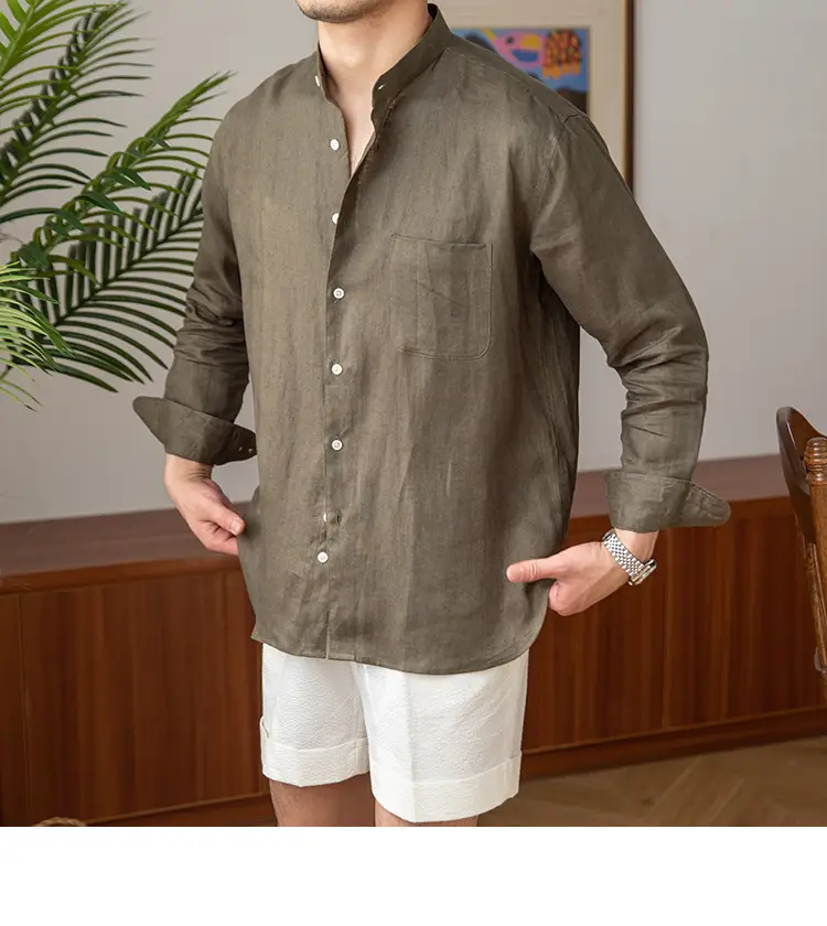 Men's White Linen Collar Shirt Long Sleeve — feature 3