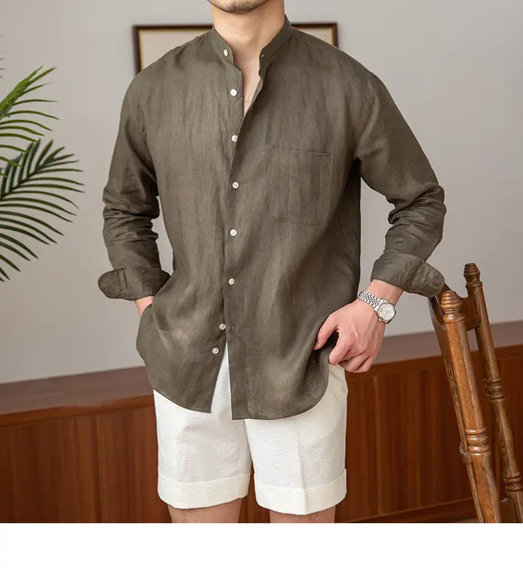Men's White Linen Collar Shirt Long Sleeve — feature 4
