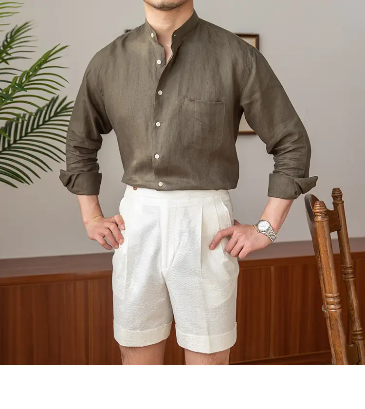 Men's White Linen Collar Shirt Long Sleeve — feature 7