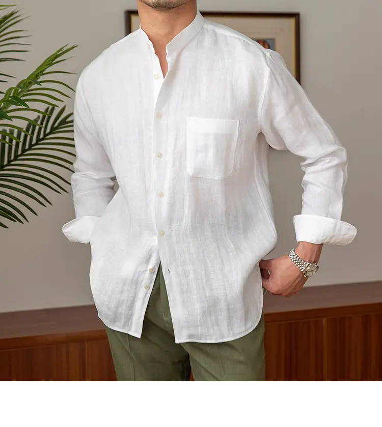 Men's White Linen Collar Shirt Long Sleeve — feature 9