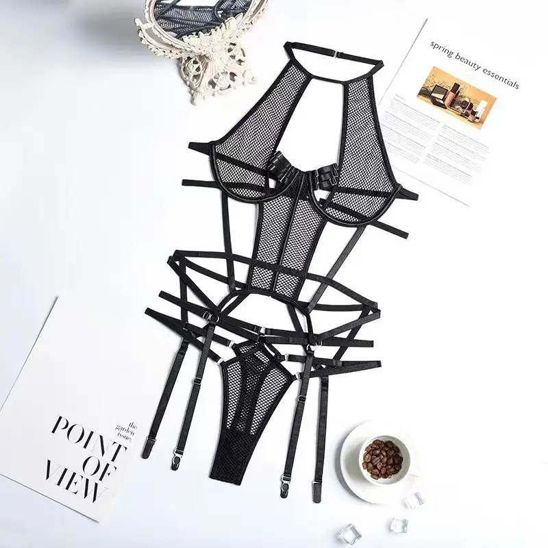 European and American Style New Lace Mesh Patchwork See-Through Camisole Sexy Lingerie Bodysuit for Teasing - Image 5