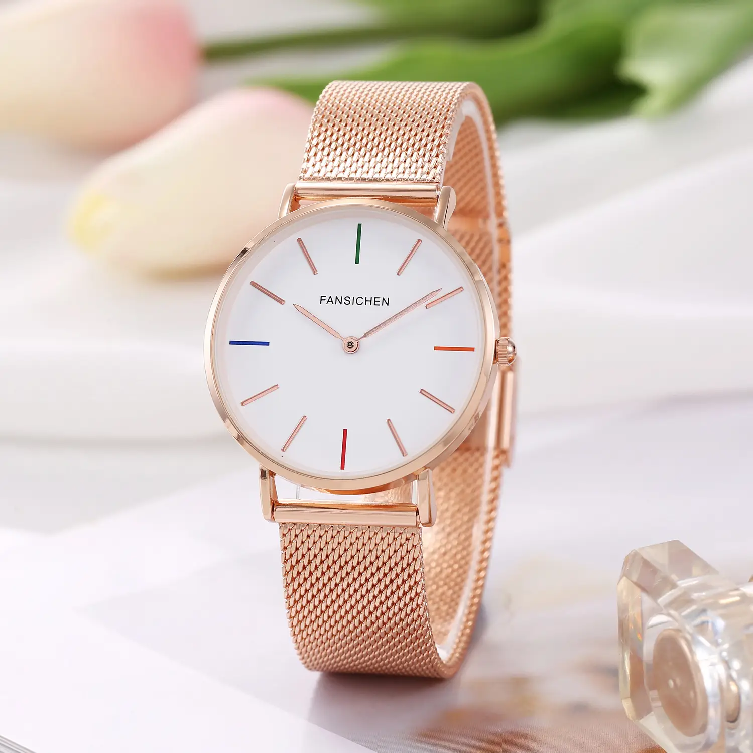 Women's Rose Gold Quartz Watch with Mesh Band — feature 3