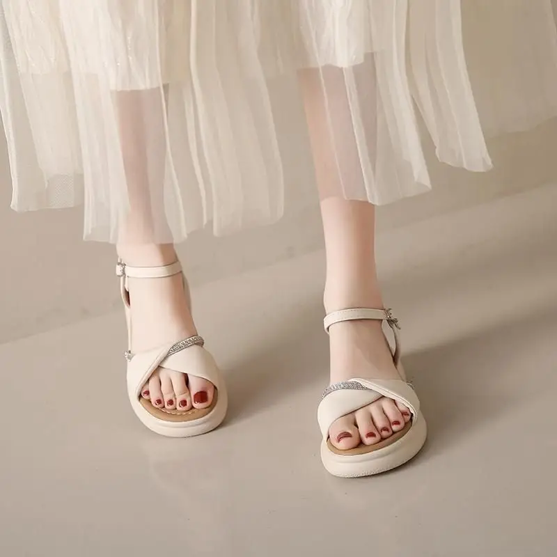 Women's White Flat Sandals with Buckle Roman French Design - Image 4