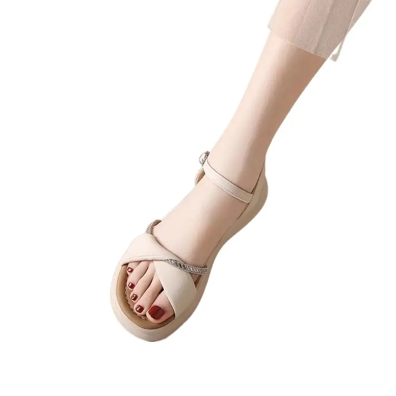 Women's White Flat Sandals with Buckle Roman French Design - Image 7