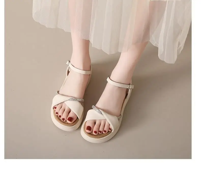 Women's White Flat Sandals with Buckle Roman French Design — feature 11