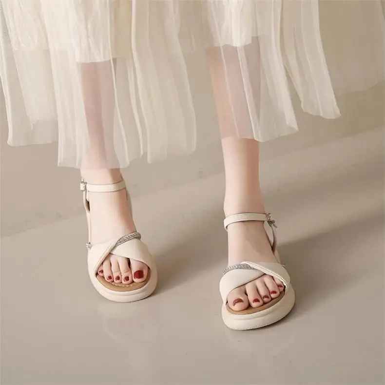 Women's White Flat Sandals with Buckle Roman French Design — feature 12