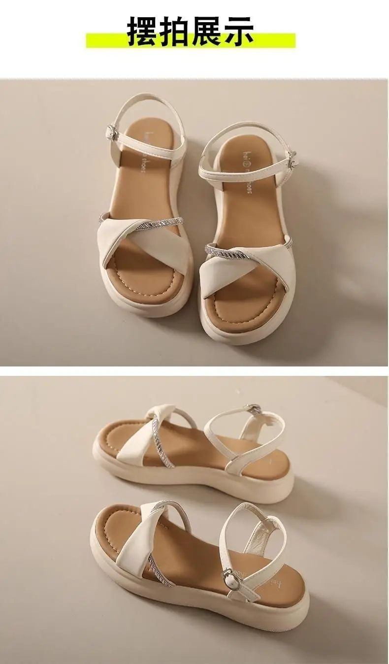 Women's White Flat Sandals with Buckle Roman French Design — feature 14