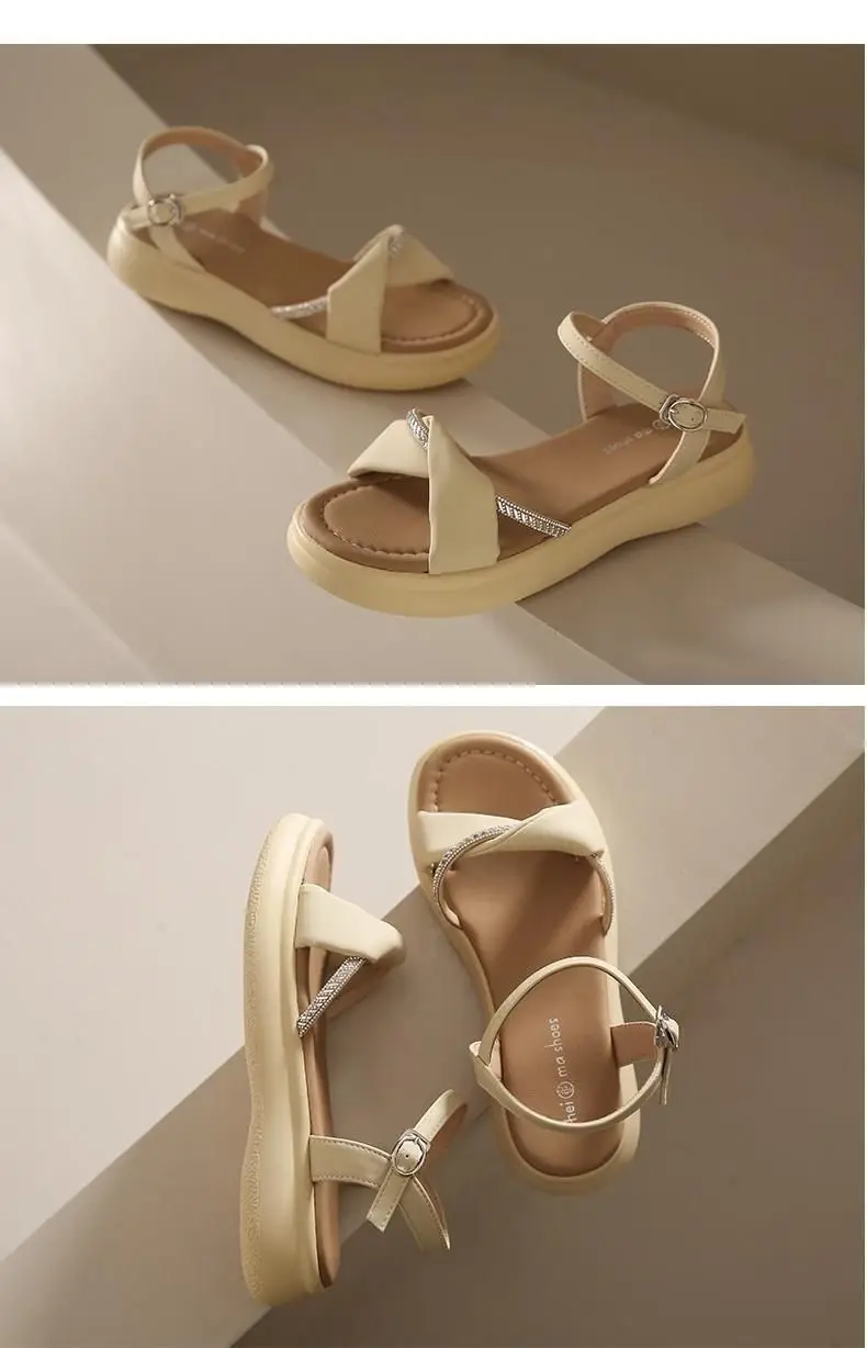 Women's White Flat Sandals with Buckle Roman French Design — feature 15