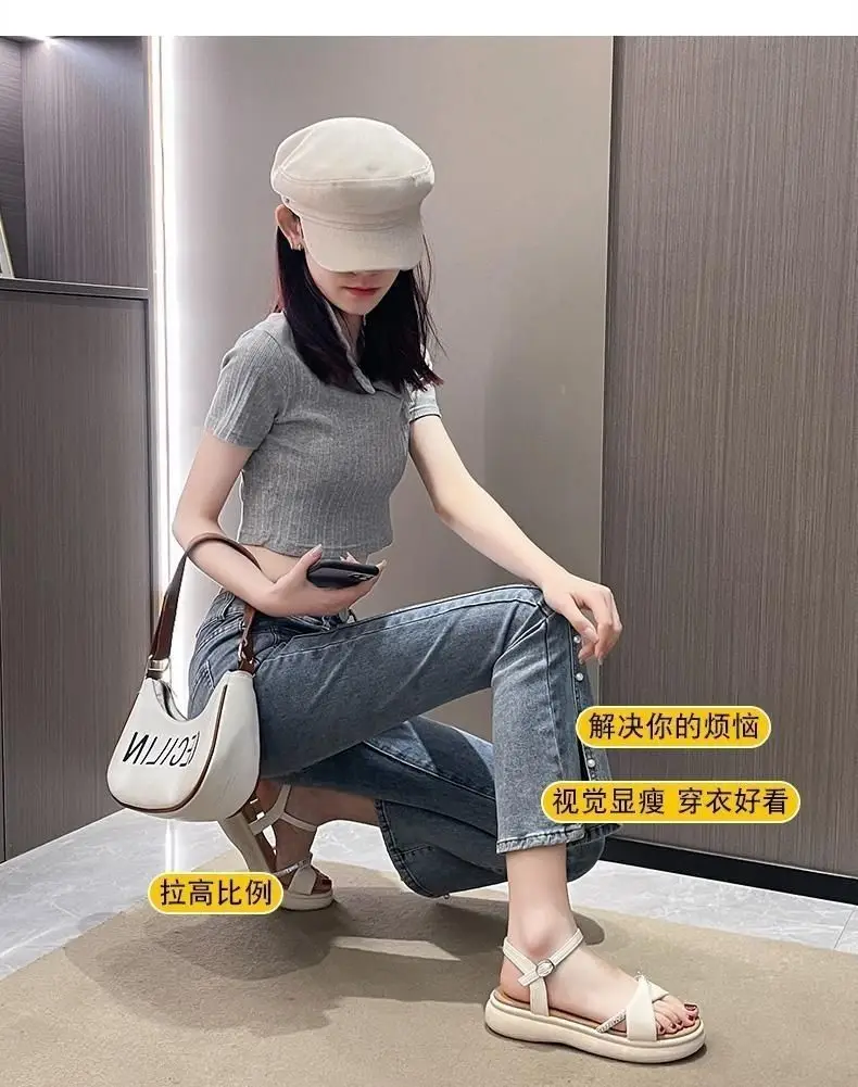 Women's White Flat Sandals with Buckle Roman French Design — feature 2