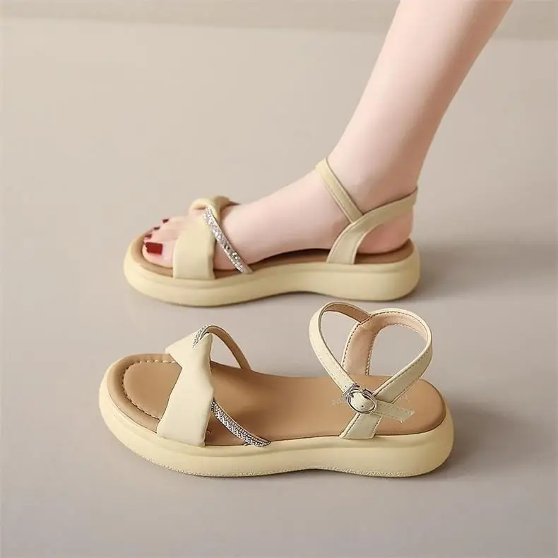 Women's White Flat Sandals with Buckle Roman French Design — feature 4