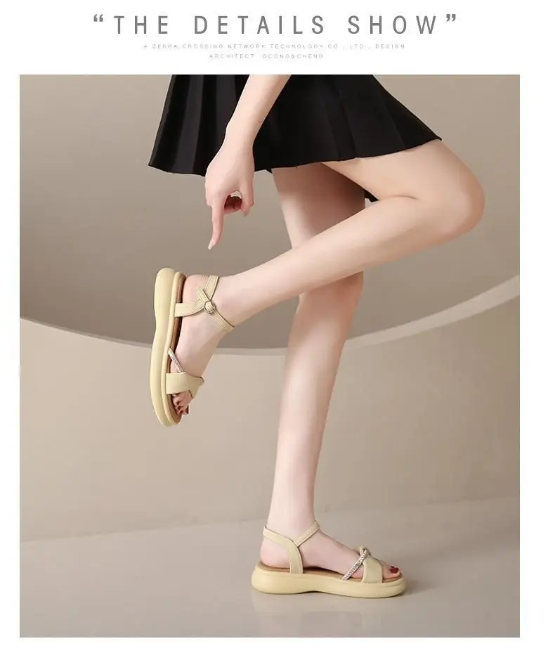 Women's White Flat Sandals with Buckle Roman French Design — feature 7