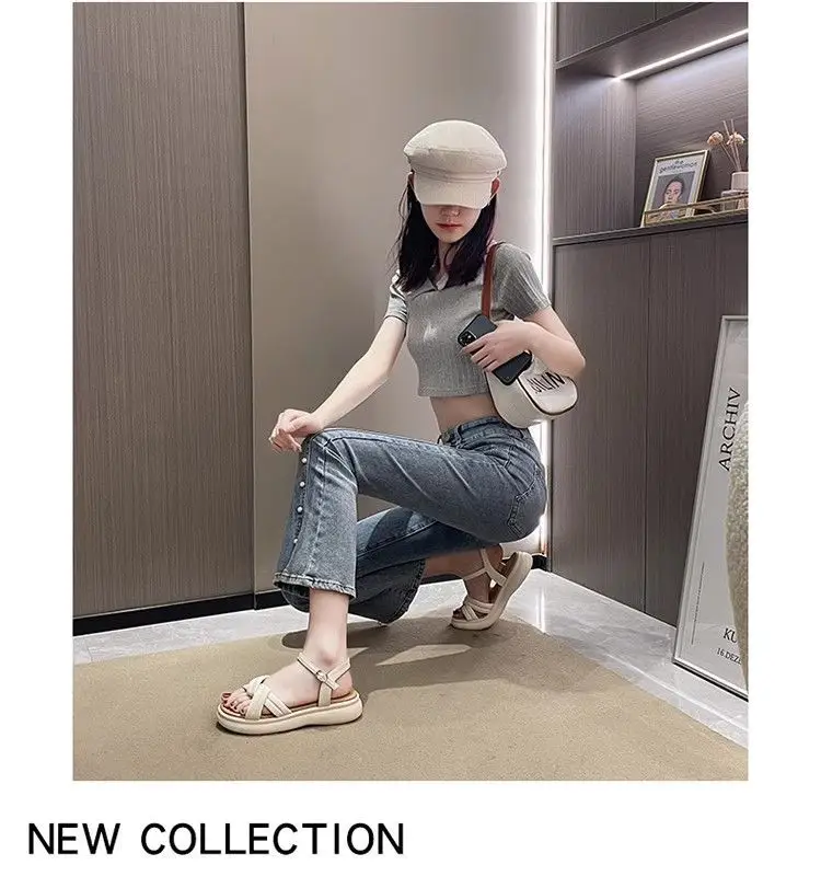 Flat Soft Bottom Beach Shoes with One-character Buckle 2023 Summer New Cross Strap Internet Celebrated Student Sandals Women's Roman Shoes — feature 12