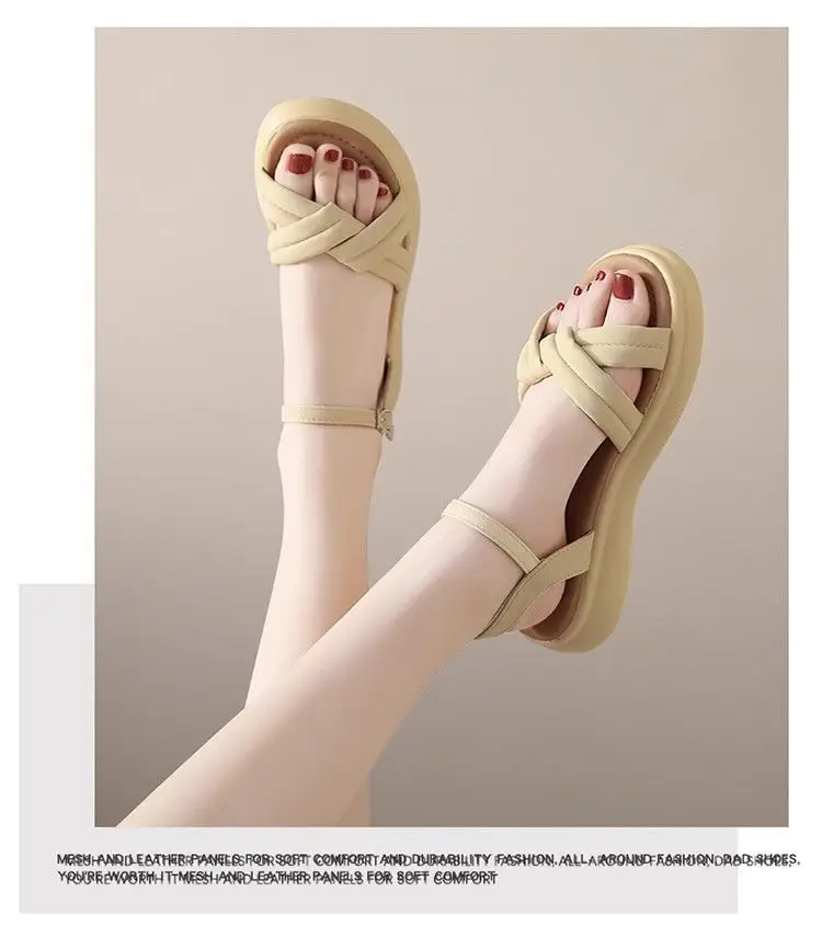 Flat Soft Bottom Beach Shoes with One-character Buckle 2023 Summer New Cross Strap Internet Celebrated Student Sandals Women's Roman Shoes — feature 14