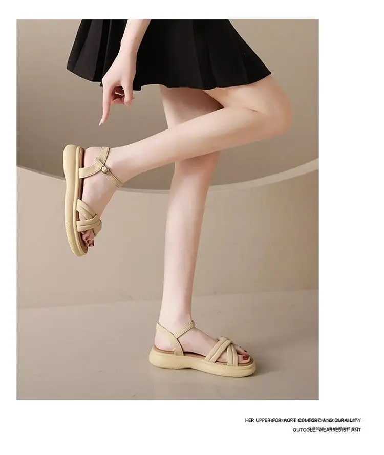 Flat Soft Bottom Beach Shoes with One-character Buckle 2023 Summer New Cross Strap Internet Celebrated Student Sandals Women's Roman Shoes — feature 15