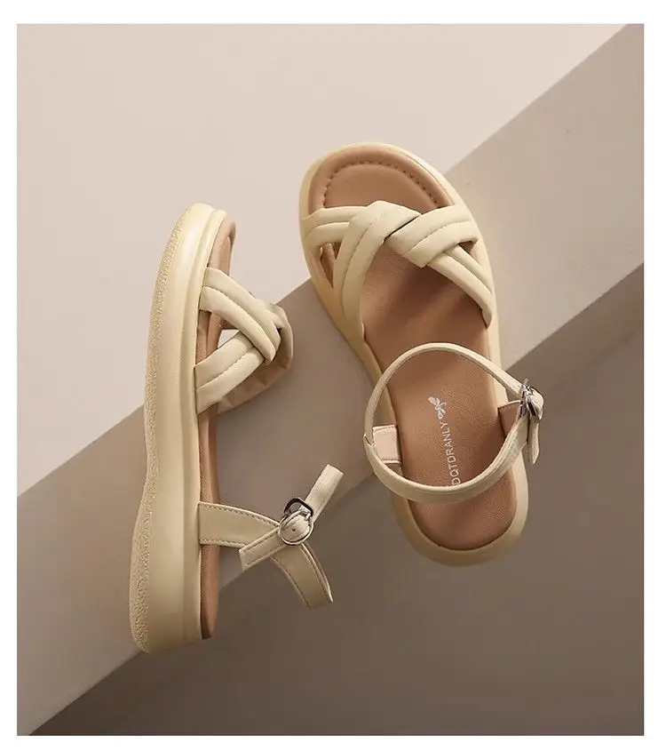 Flat Soft Bottom Beach Shoes with One-character Buckle 2023 Summer New Cross Strap Internet Celebrated Student Sandals Women's Roman Shoes — feature 20