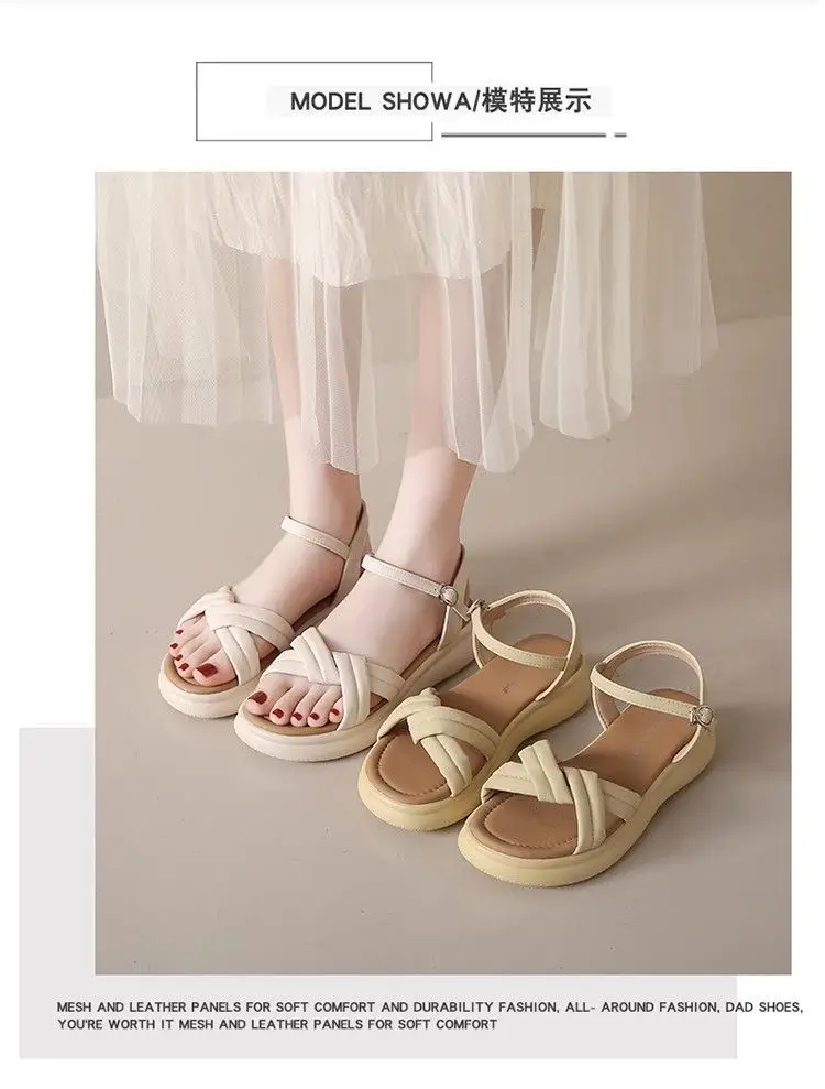 Flat Soft Bottom Beach Shoes with One-character Buckle 2023 Summer New Cross Strap Internet Celebrated Student Sandals Women's Roman Shoes — feature 5