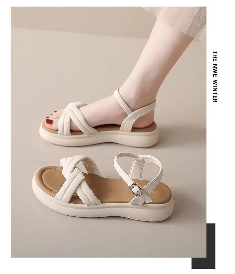 Flat Soft Bottom Beach Shoes with One-character Buckle 2023 Summer New Cross Strap Internet Celebrated Student Sandals Women's Roman Shoes — feature 9