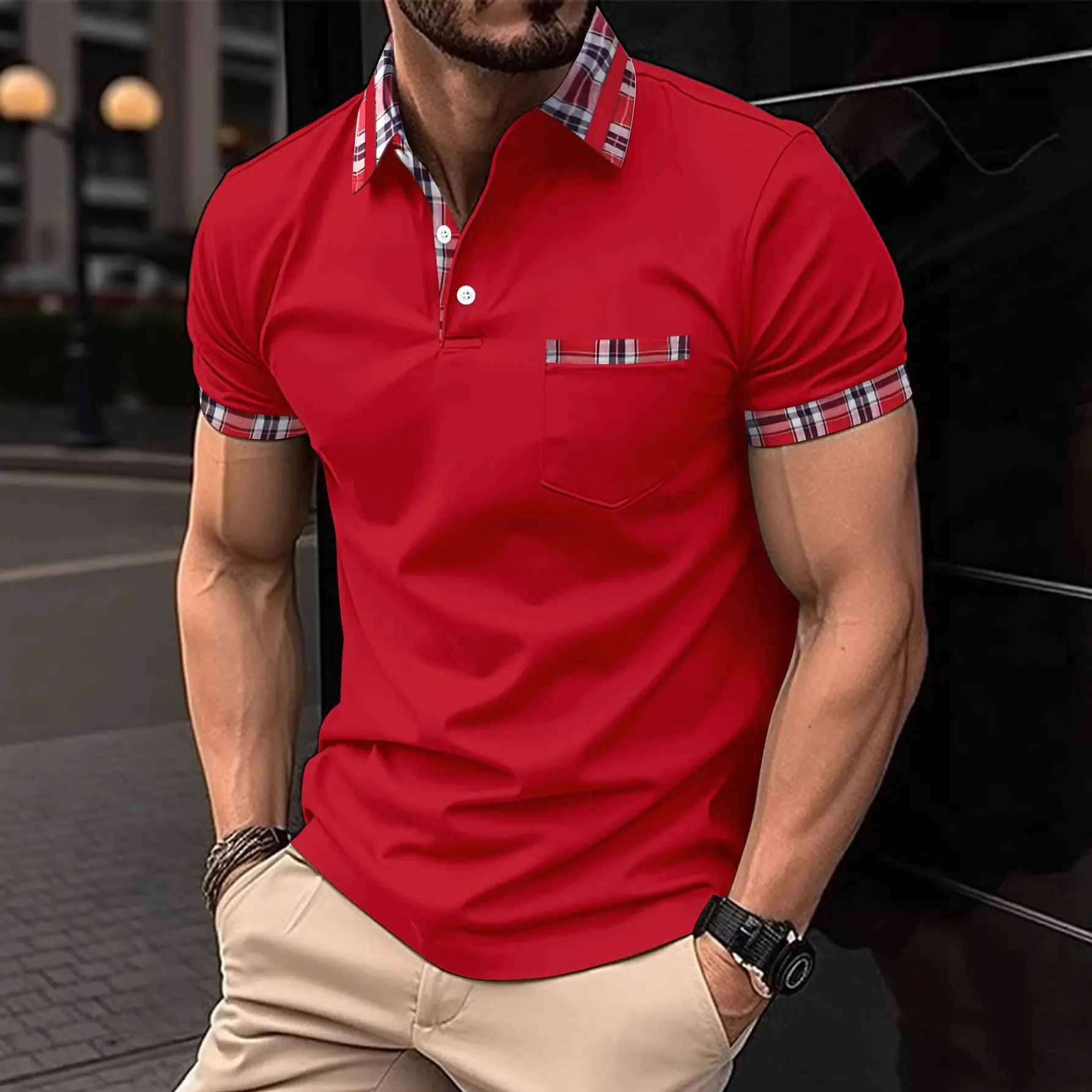 Men Red Henry Collar Polo Shirt 2023 Summer