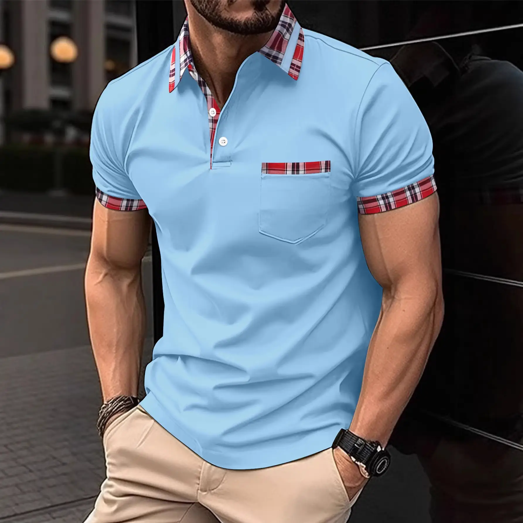 Men Red Henry Collar Polo Shirt 2023 Summer
