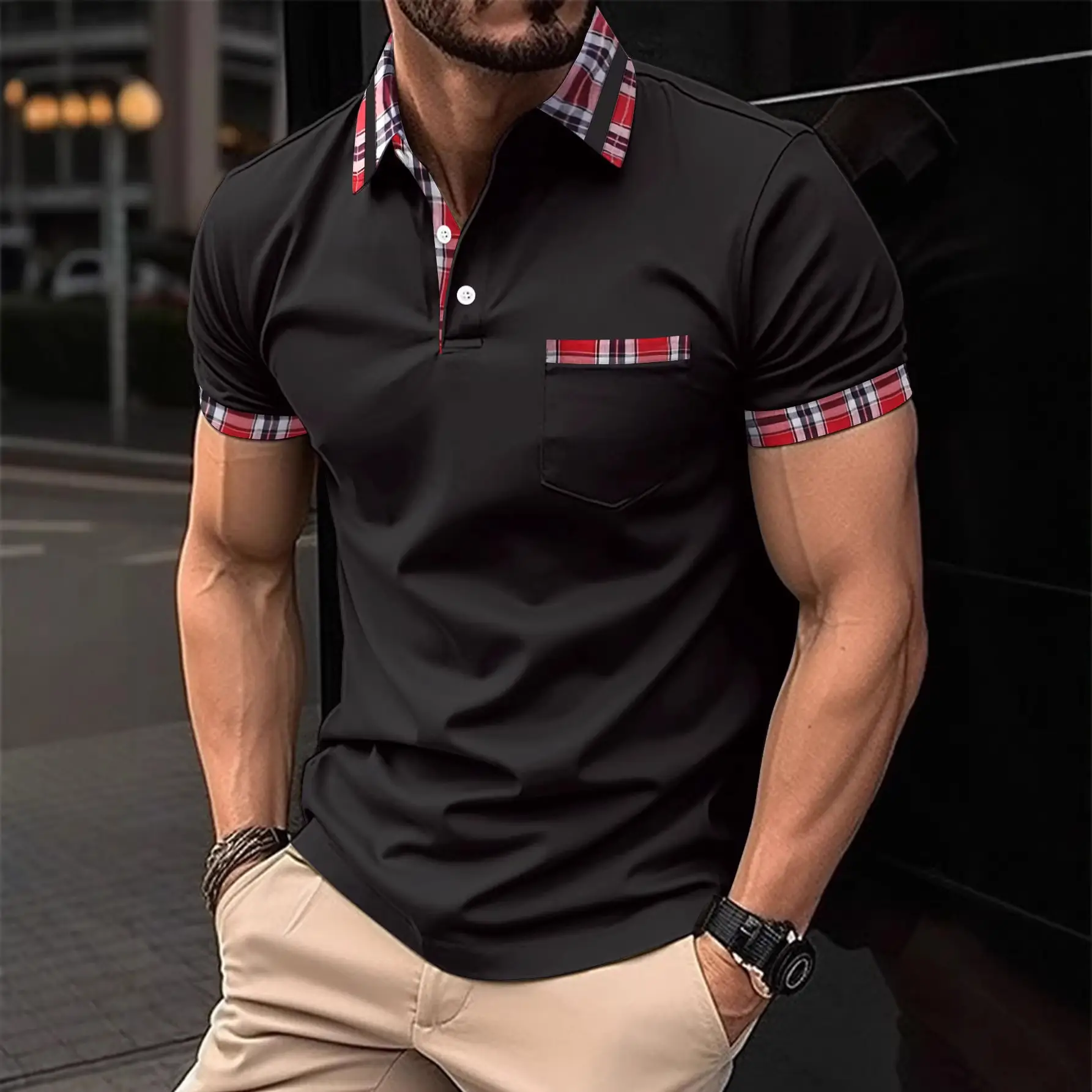 Men Red Henry Collar Polo Shirt 2023 Summer