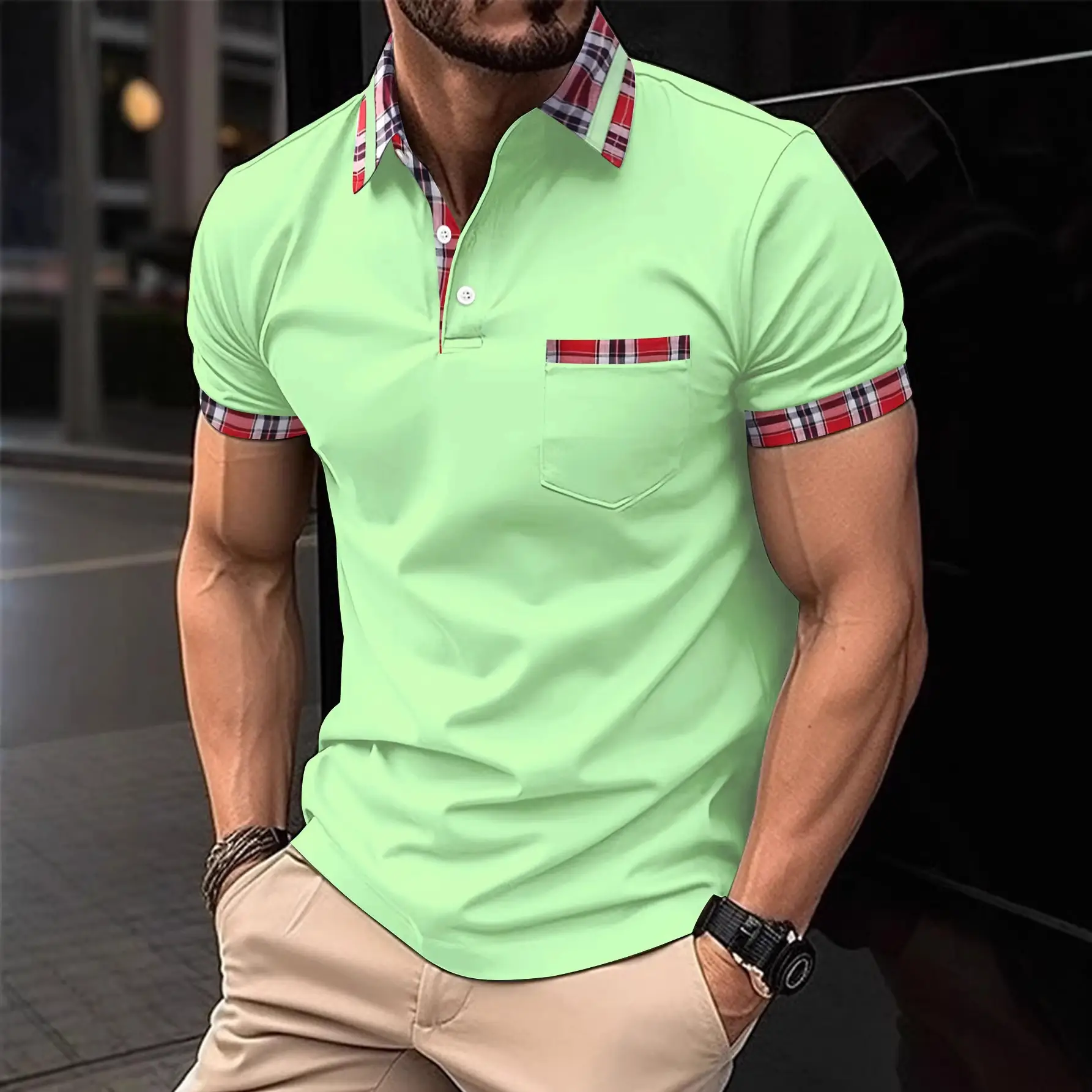 Men Red Henry Collar Polo Shirt 2023 Summer