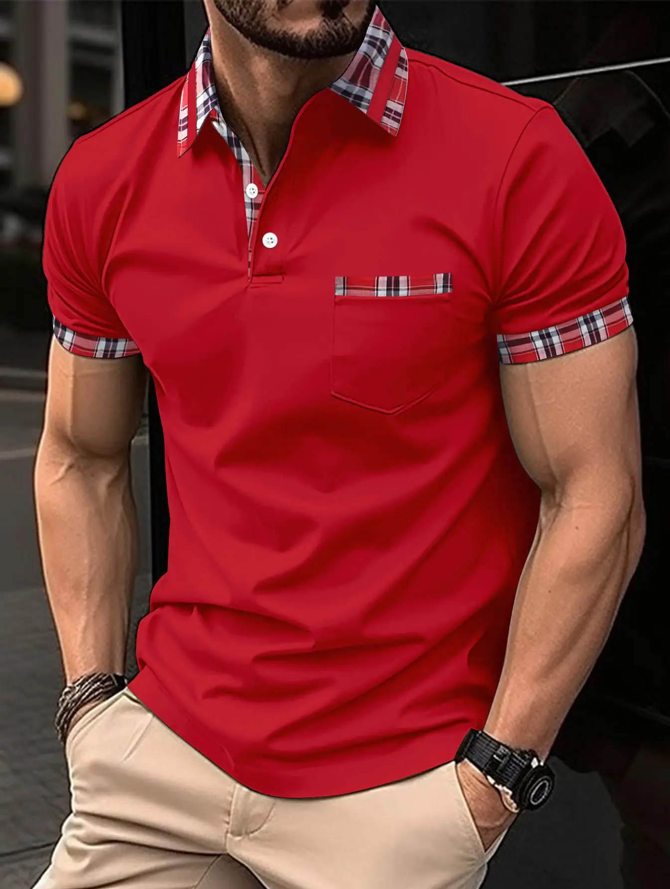 Men Red Henry Collar Polo Shirt 2023 Summer — feature 4