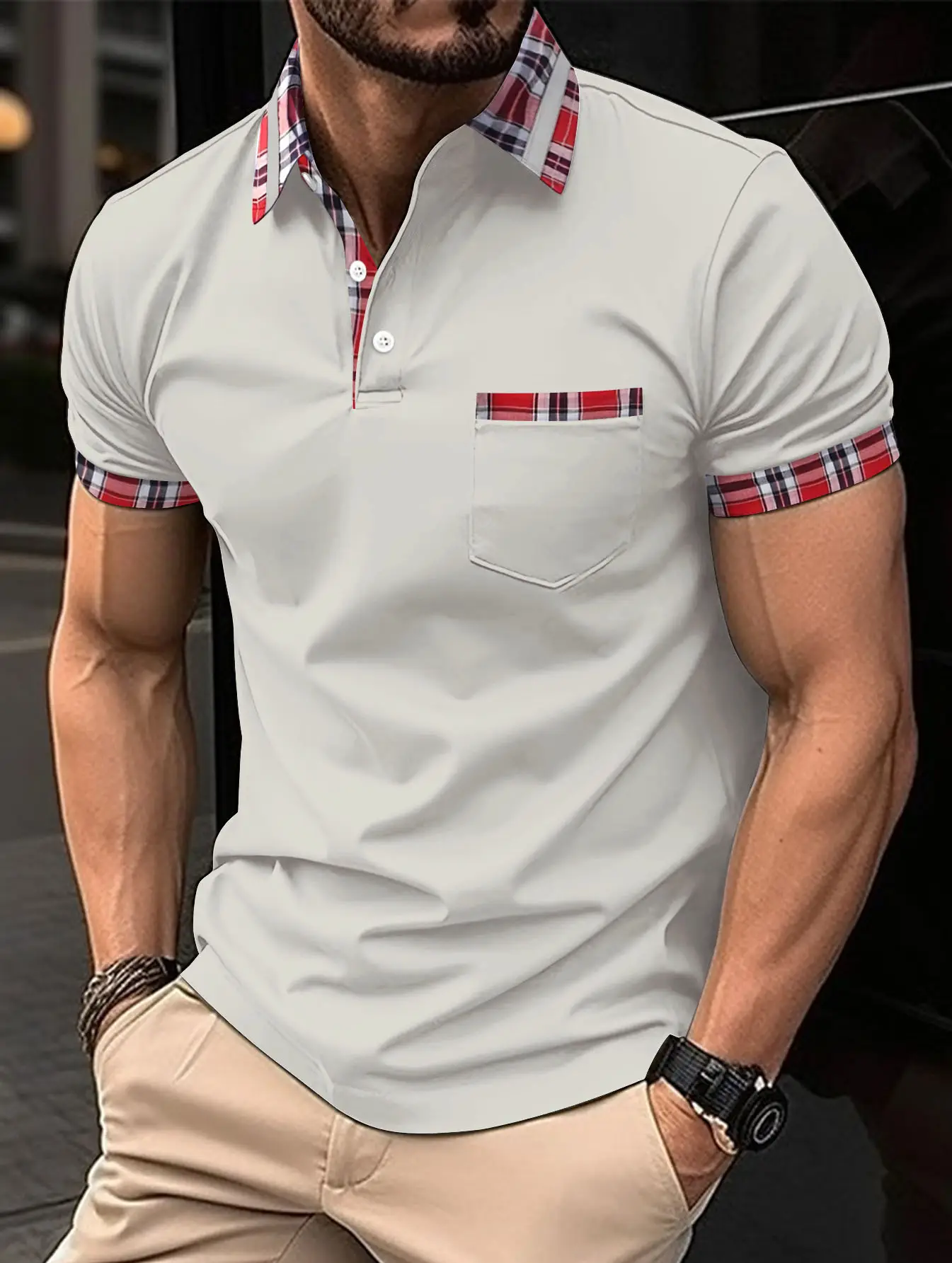Men Red Henry Collar Polo Shirt 2023 Summer — feature 6