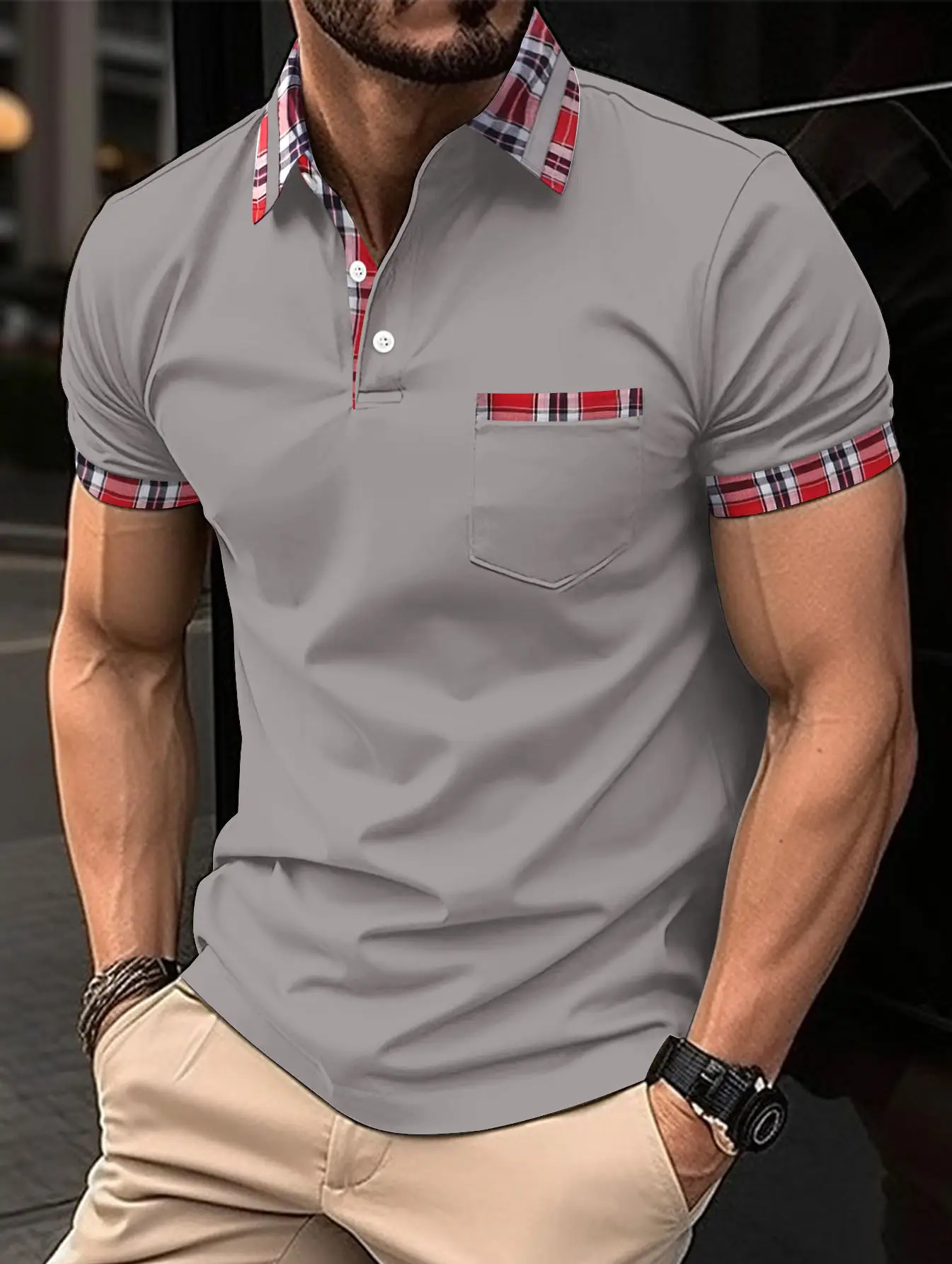 Men Red Henry Collar Polo Shirt 2023 Summer — feature 9
