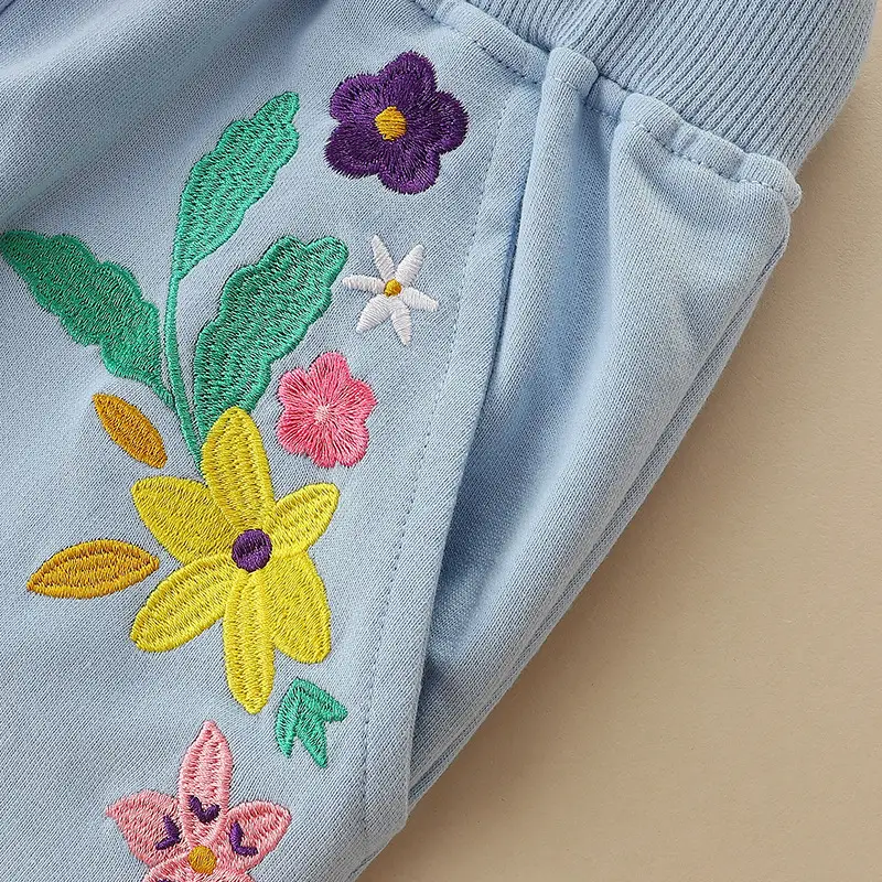 Girls Embroidered Cotton Pants Light Blue 2025