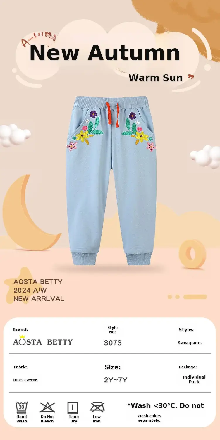 Girls Embroidered Cotton Pants Light Blue 2025 — feature 1