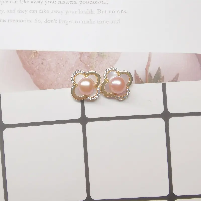 S925 Silver Pearl Earrings Four Leaf Clover Micro Encrusted - Image 5