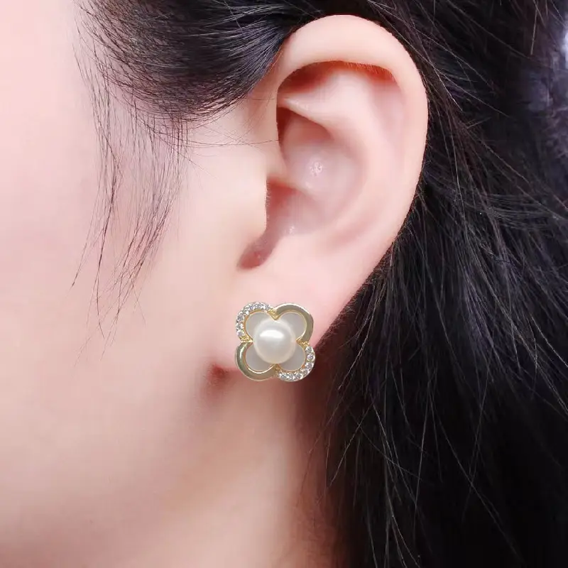 S925 Silver Pearl Earrings Four Leaf Clover Micro Encrusted - Image 7