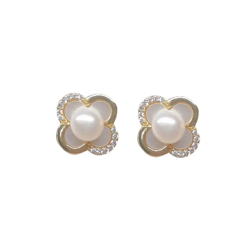 S925 Silver Pearl Earrings Four Leaf Clover Micro Encrusted - Image 8