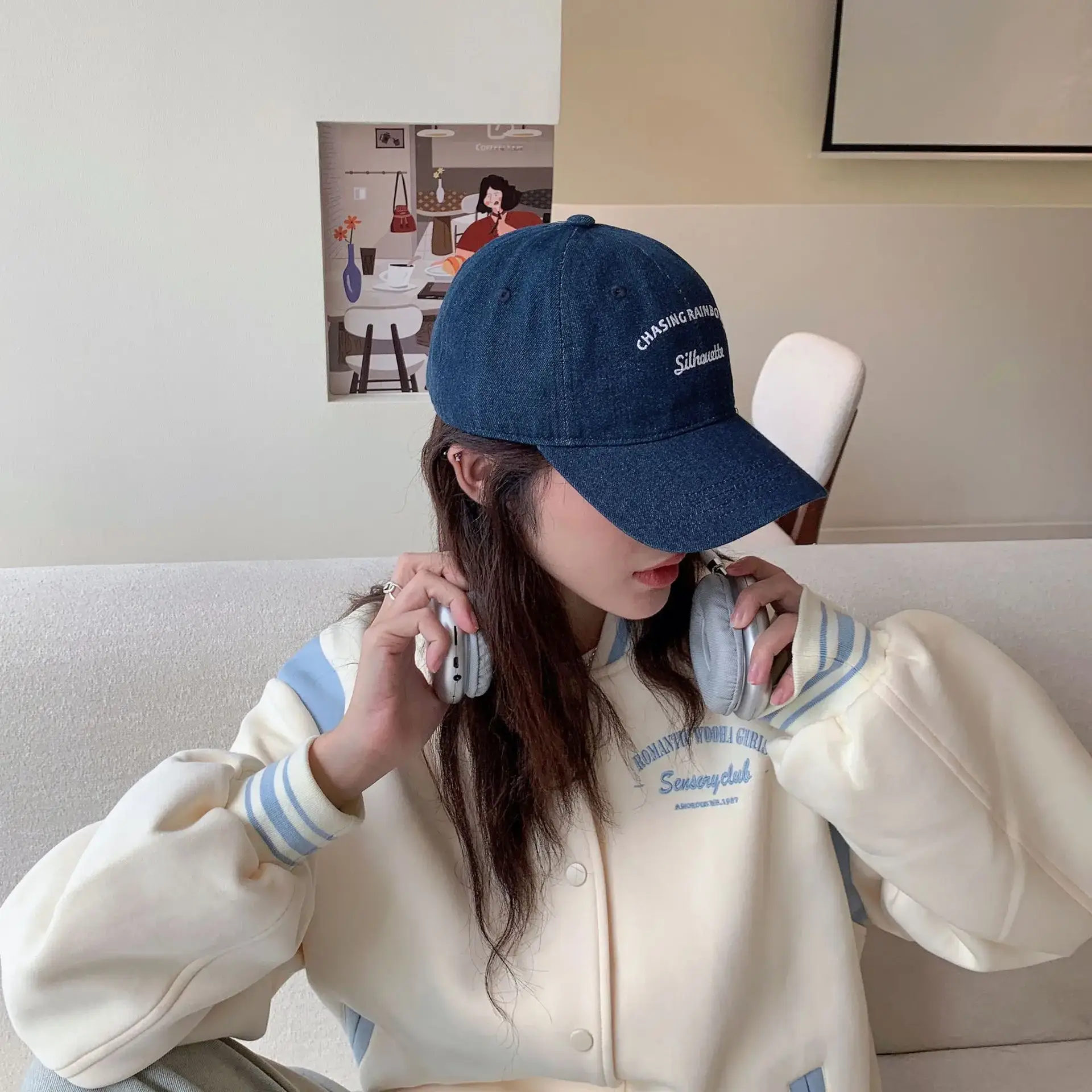 Women's Blue Embroidered Baseball Cap with Retro Letters - Image 7
