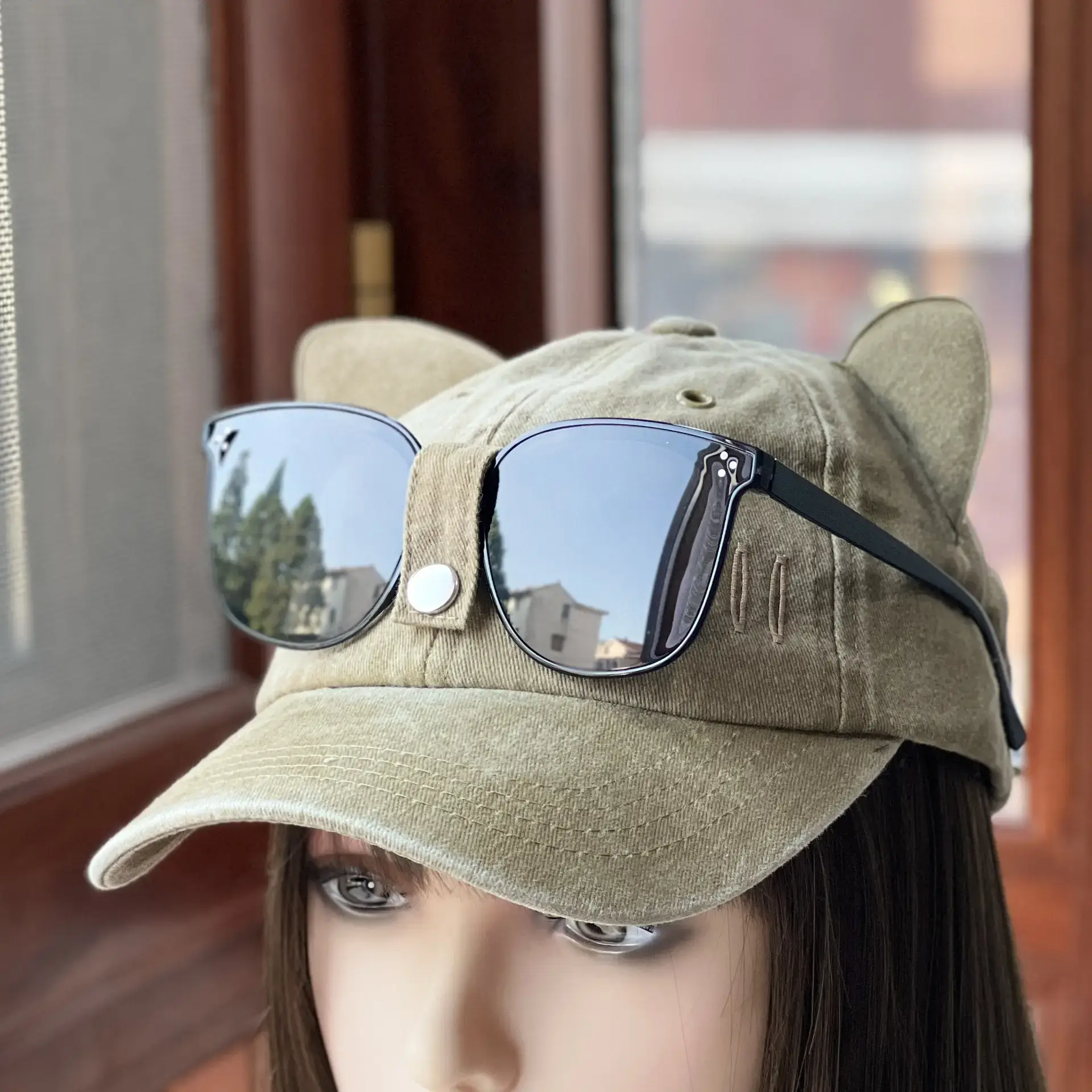 Cat Ears Aviator Sunglasses Cap for Men Women Adjustable Baseball