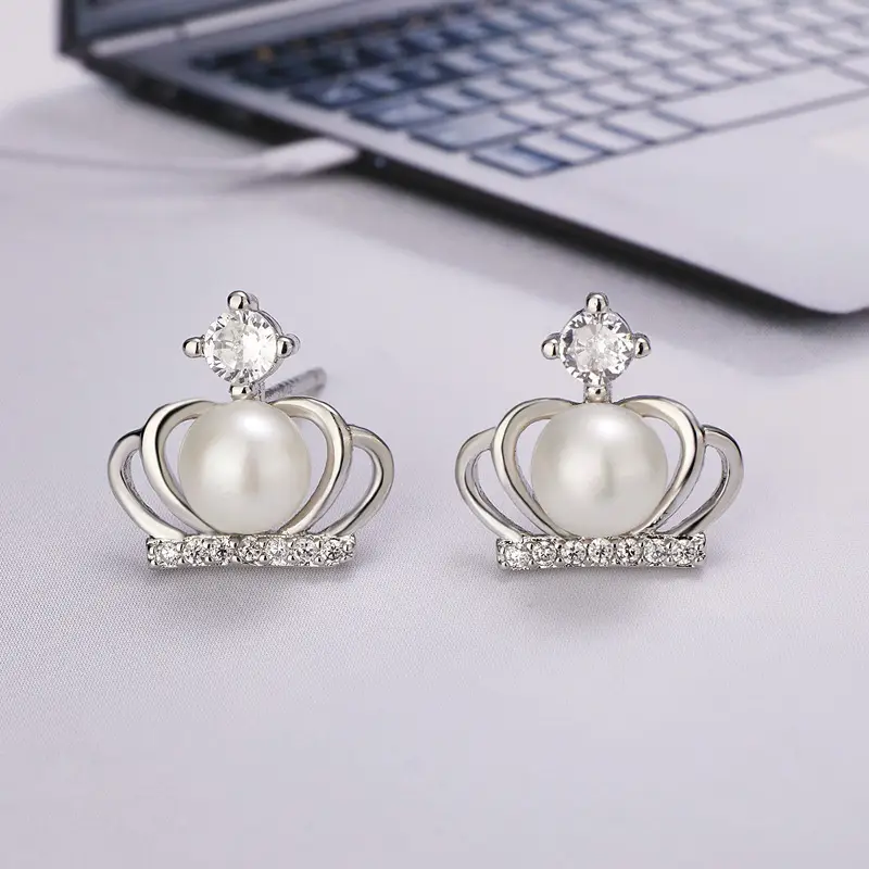 Princess Crown Pearl Earrings Gold Plated White Zircon - Image 3