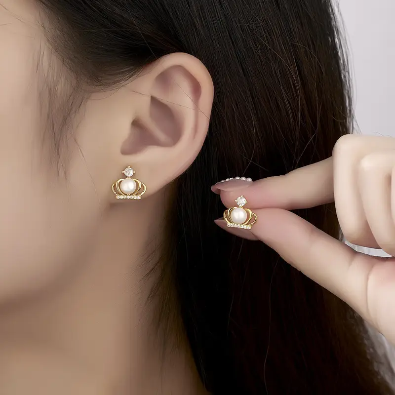 Princess Crown Pearl Earrings Gold Plated White Zircon - Image 4