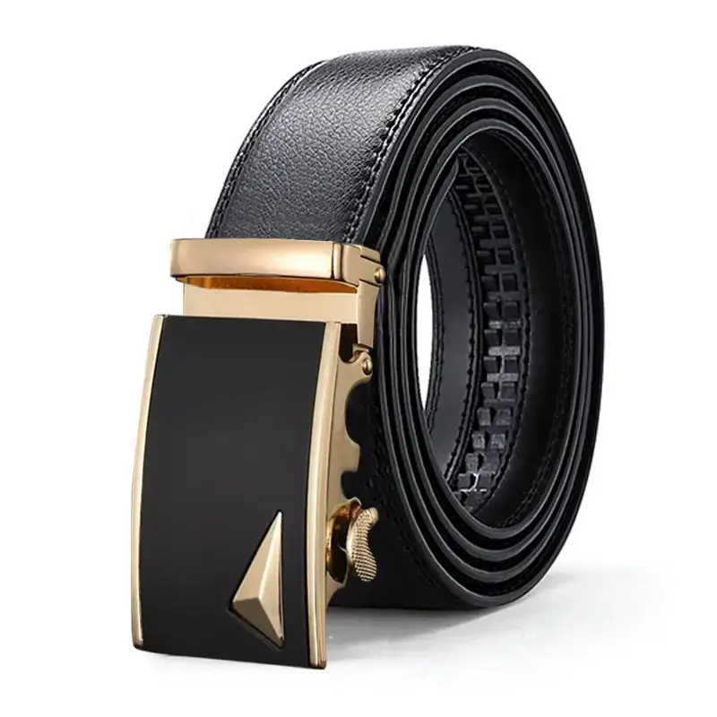 New Men's Black Leather Belt with Gold Buckle