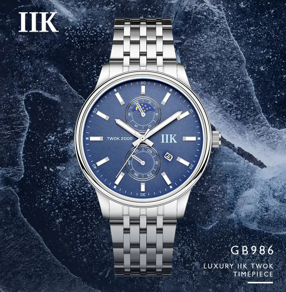 IIK Men's Quartz Watch Silver Band Waterproof Business Sports — feature 1