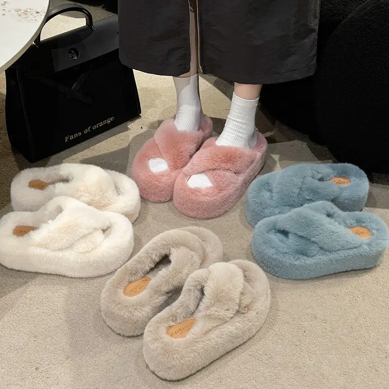 2023 Korean Style Fleece-lined Fashion Fluffy Slippers Women's Autumn and Winter New All-match Cross Thick Cotton Slippers Trendy