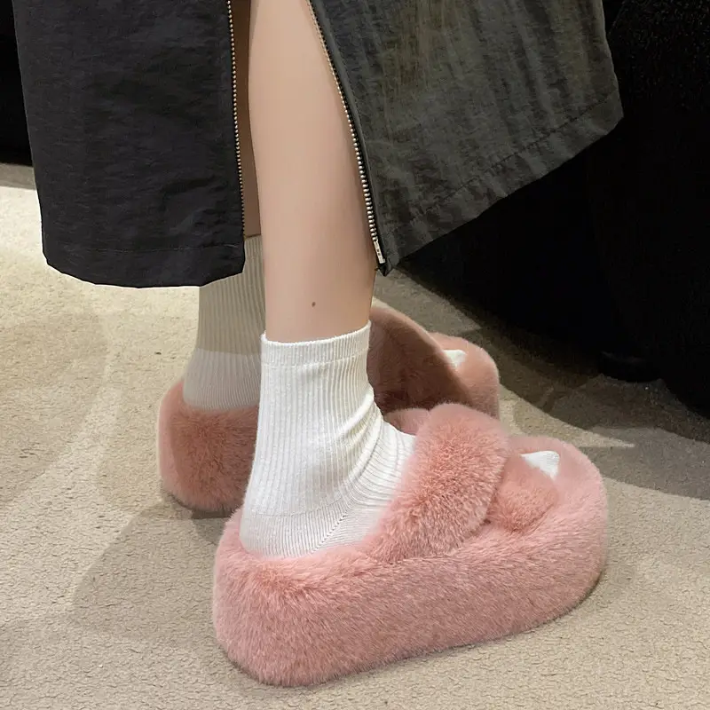 2023 Korean Style Fleece-lined Fashion Fluffy Slippers Women's Autumn and Winter New All-match Cross Thick Cotton Slippers Trendy