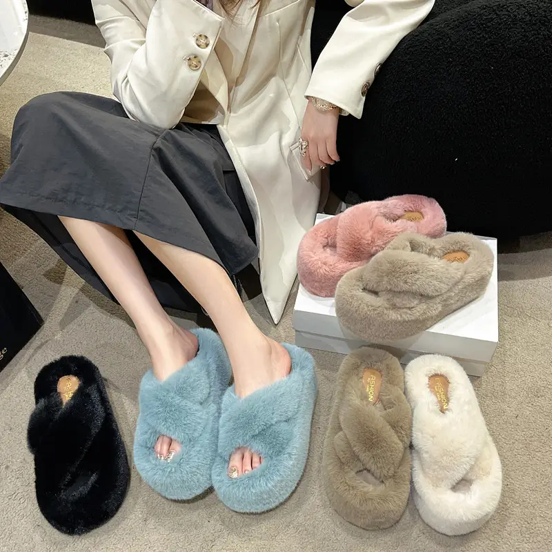 2023 Korean Style Fleece-lined Fashion Fluffy Slippers Women's Autumn and Winter New All-match Cross Thick Cotton Slippers Trendy
