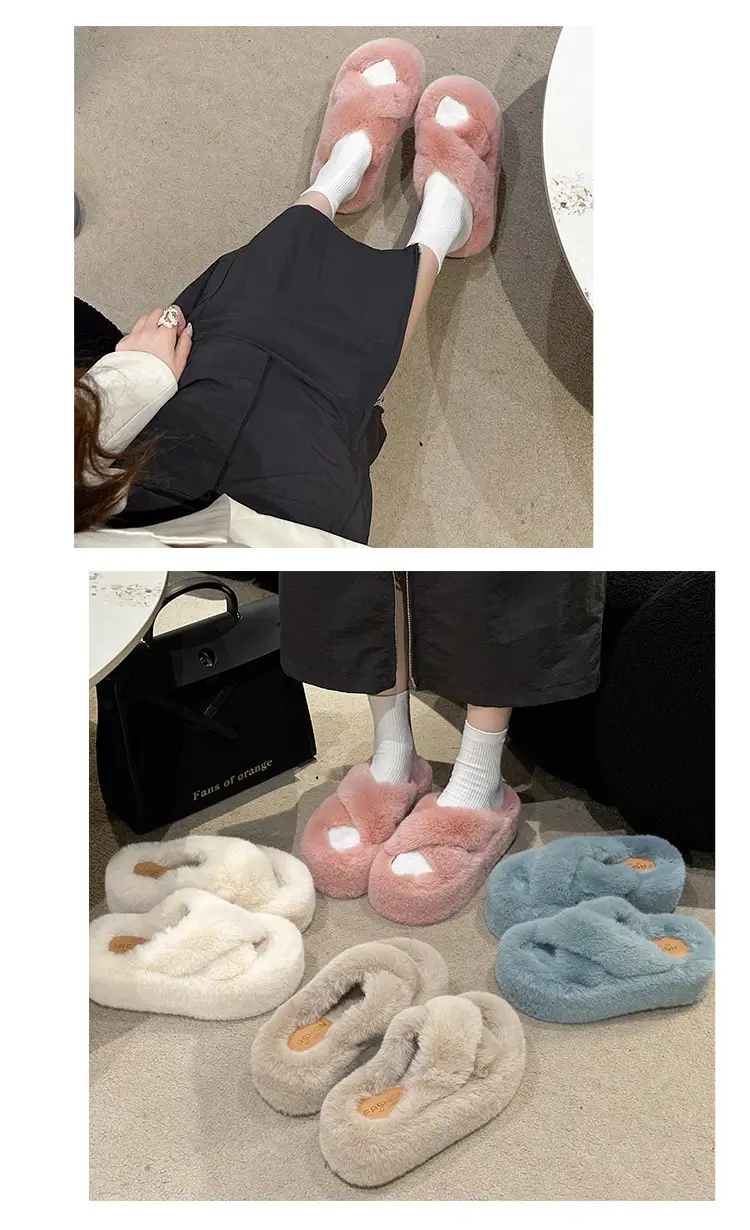 2023 Korean Style Fleece-lined Fashion Fluffy Slippers Women's Autumn and Winter New All-match Cross Thick Cotton Slippers Trendy — feature 11